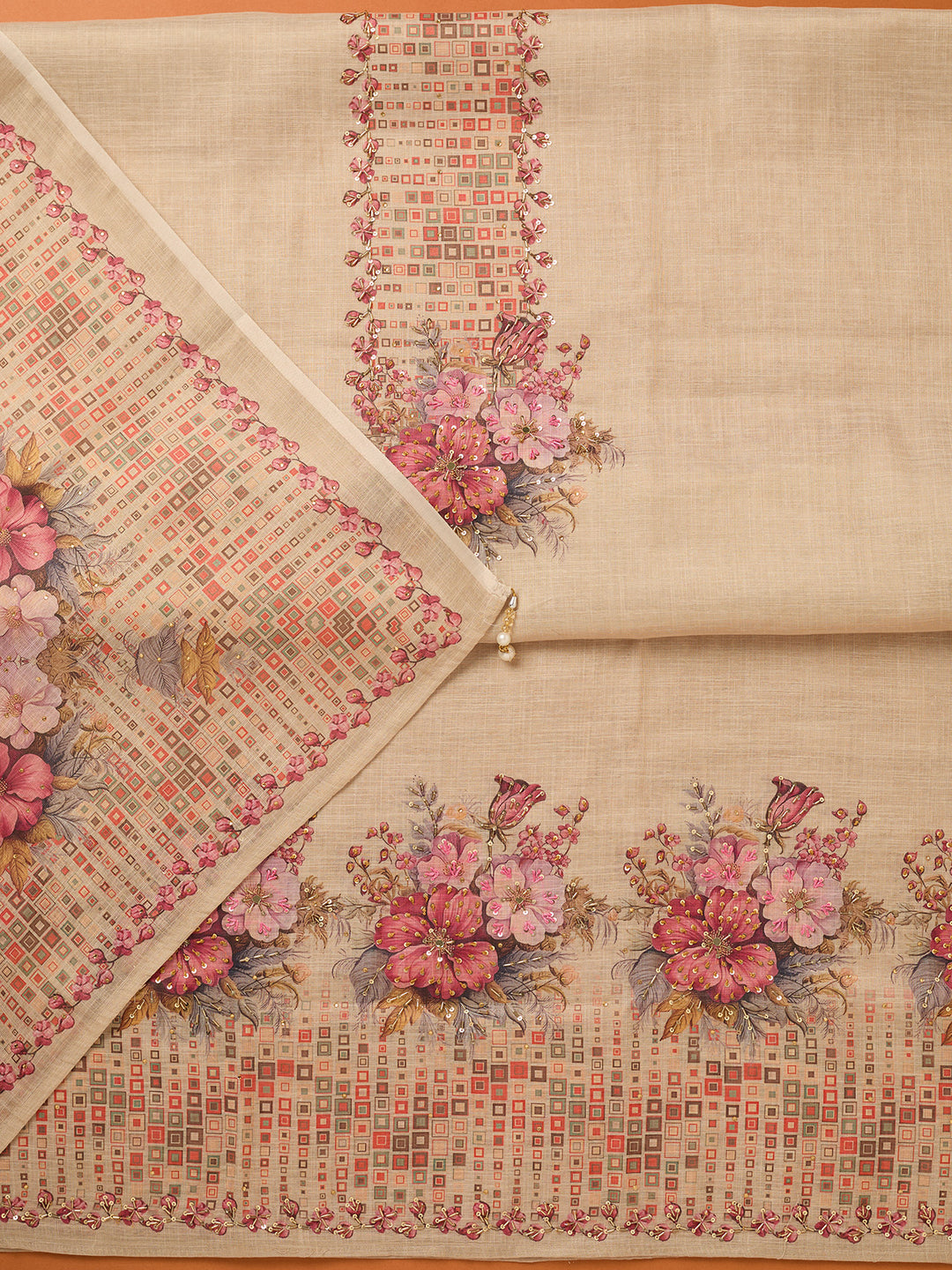 Beige Threadwork Linen Unstitched Salwar Suit
