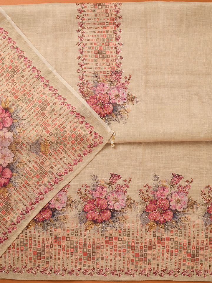 Beige Threadwork Linen Unstitched Salwar Suit