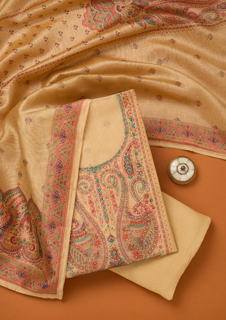 Beige Chanderi Threadwork Unstitched Dress Material With Matching Bottom And Dupatta