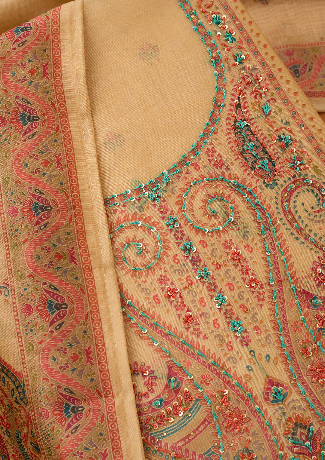 Beige Chanderi Threadwork Unstitched Dress Material With Matching Bottom And Dupatta