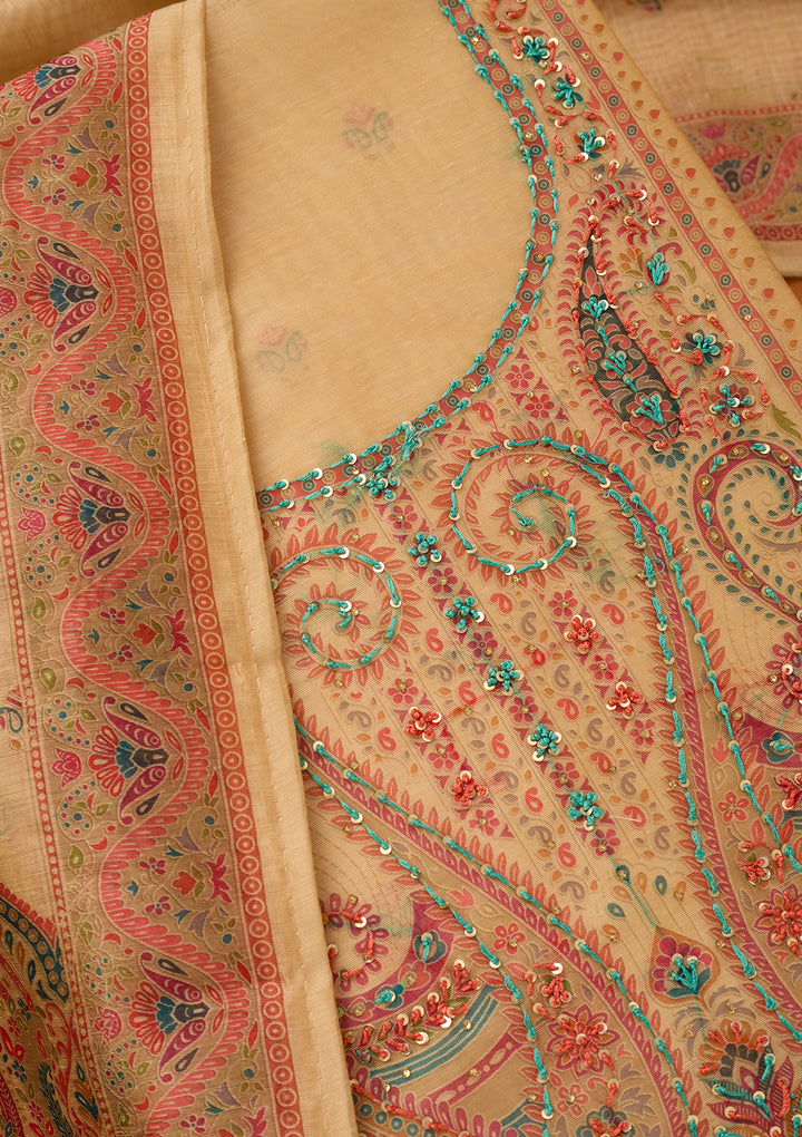 Beige Chanderi Threadwork Unstitched Dress Material With Matching Bottom And Dupatta