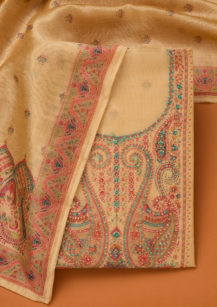 Beige Chanderi Threadwork Unstitched Dress Material With Matching Bottom And Dupatta