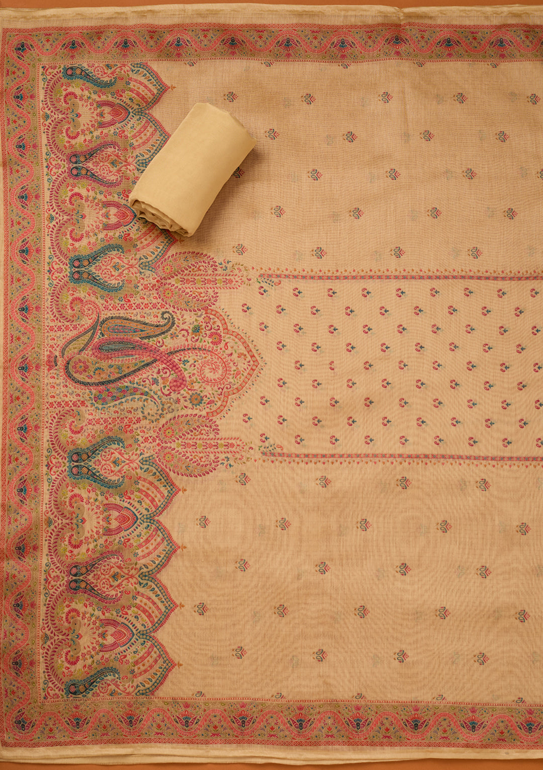 Beige Chanderi Threadwork Unstitched Dress Material With Matching Bottom And Dupatta