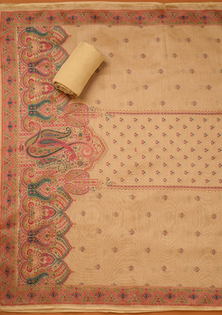 Beige Chanderi Threadwork Unstitched Dress Material With Matching Bottom And Dupatta