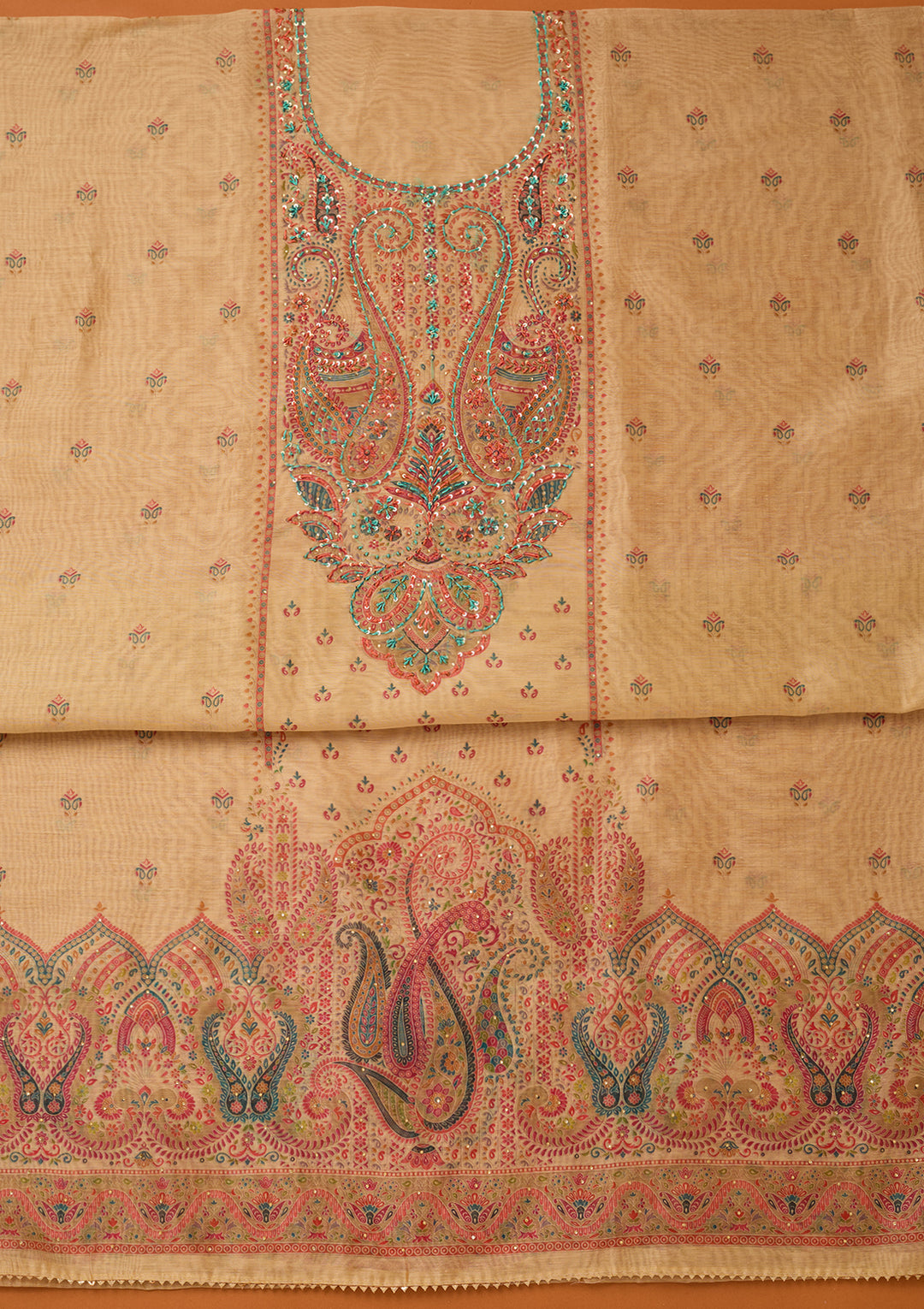 Beige Chanderi Threadwork Unstitched Dress Material With Matching Bottom And Dupatta