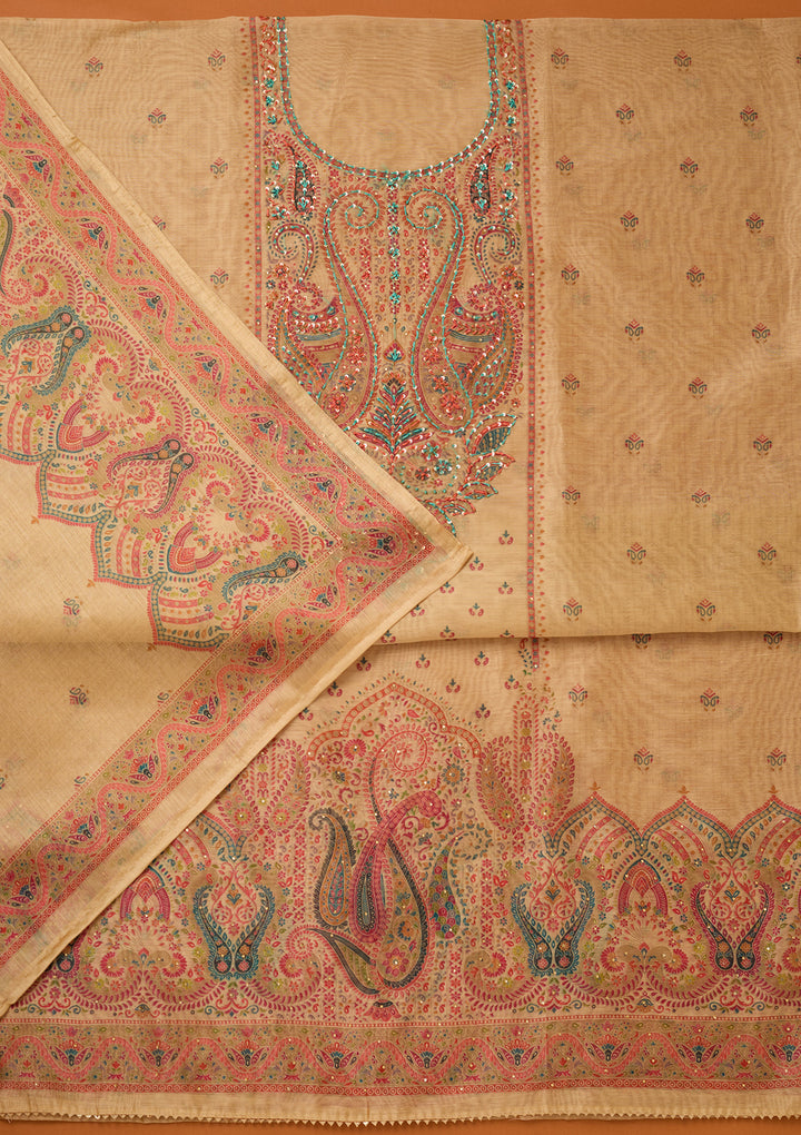 Beige Chanderi Threadwork Unstitched Dress Material With Matching Bottom And Dupatta