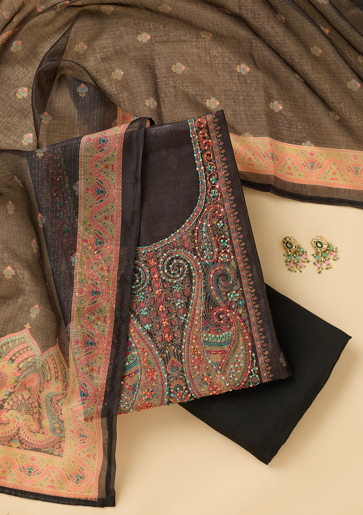 Black Threadwork Chanderi Unstitched Salwar Suit