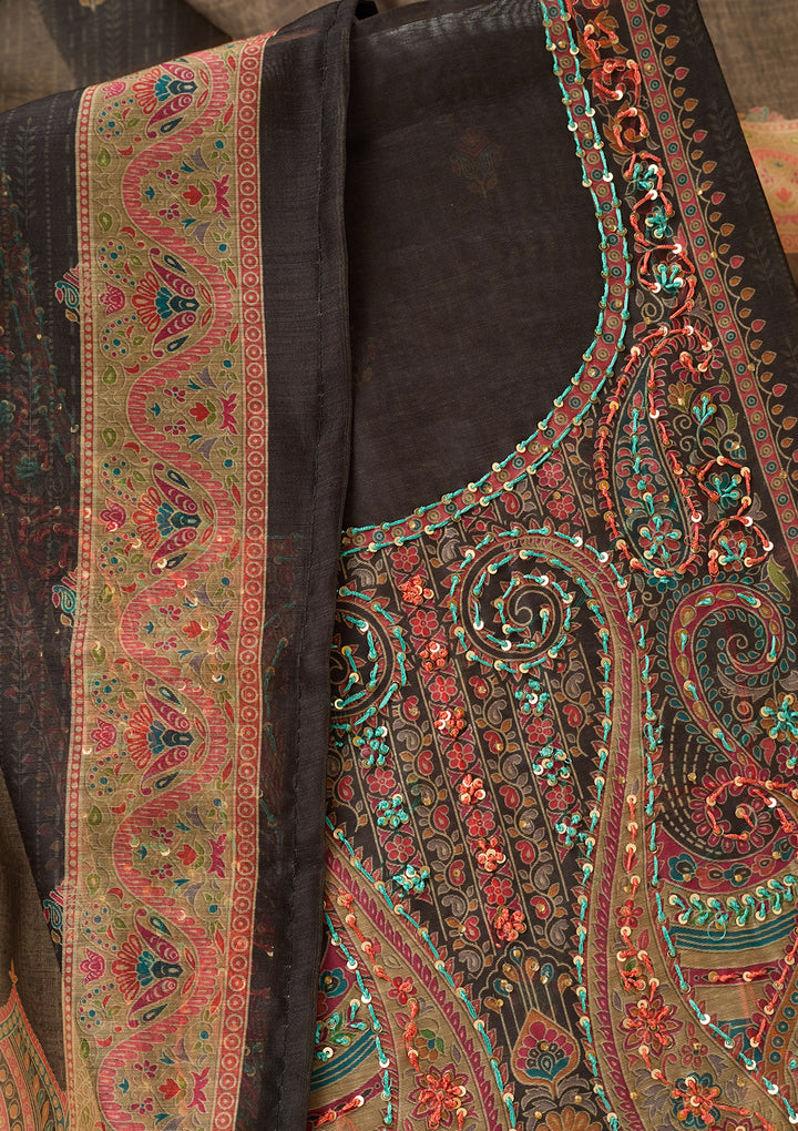 Black Threadwork Chanderi Unstitched Salwar Suit