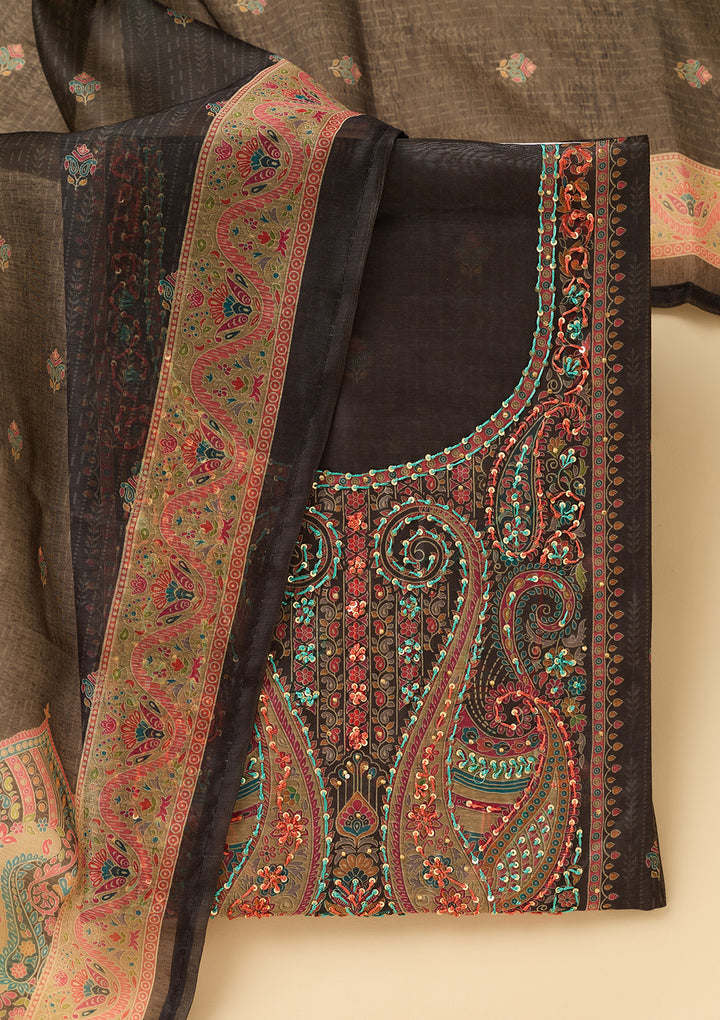 Black Threadwork Chanderi Unstitched Salwar Suit
