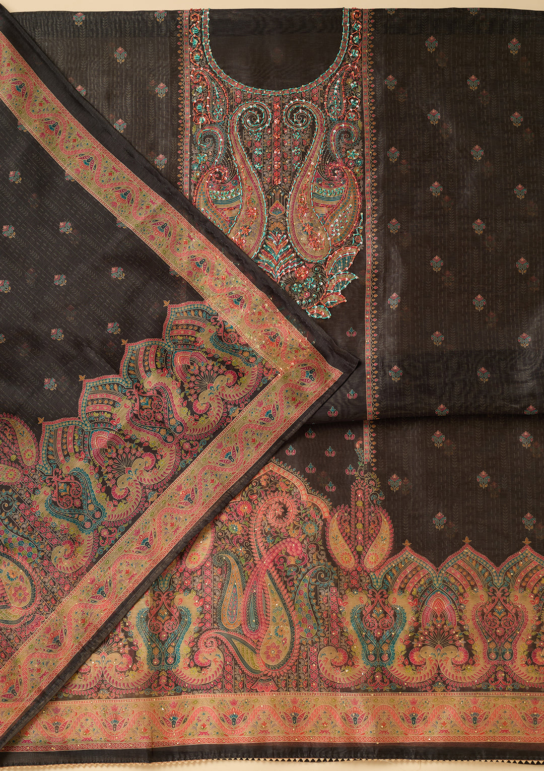 Black Threadwork Chanderi Unstitched Salwar Suit