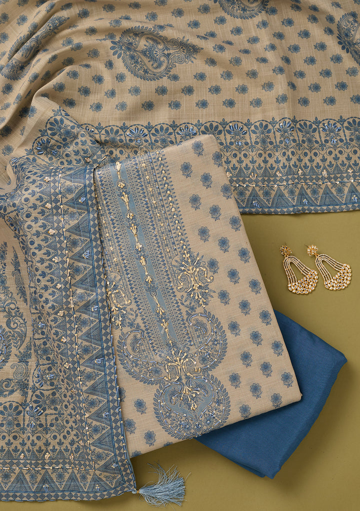 Cream Threadwork Linen Unstitched Salwar Suit