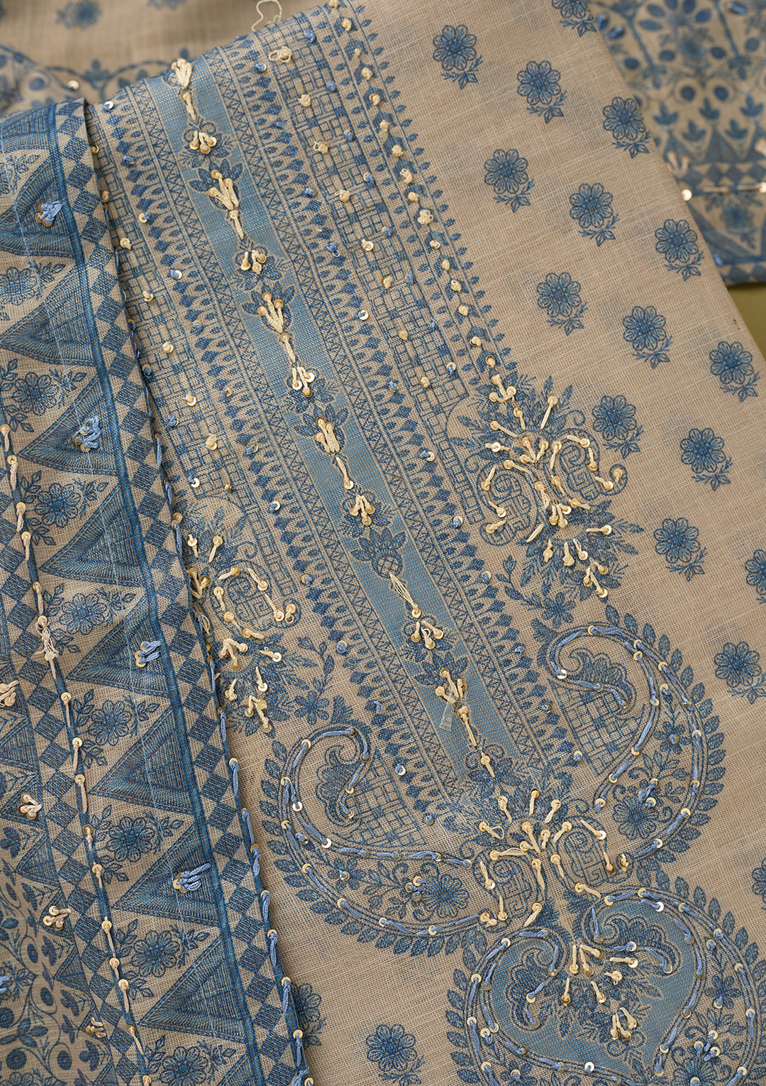 Cream Threadwork Linen Unstitched Salwar Suit
