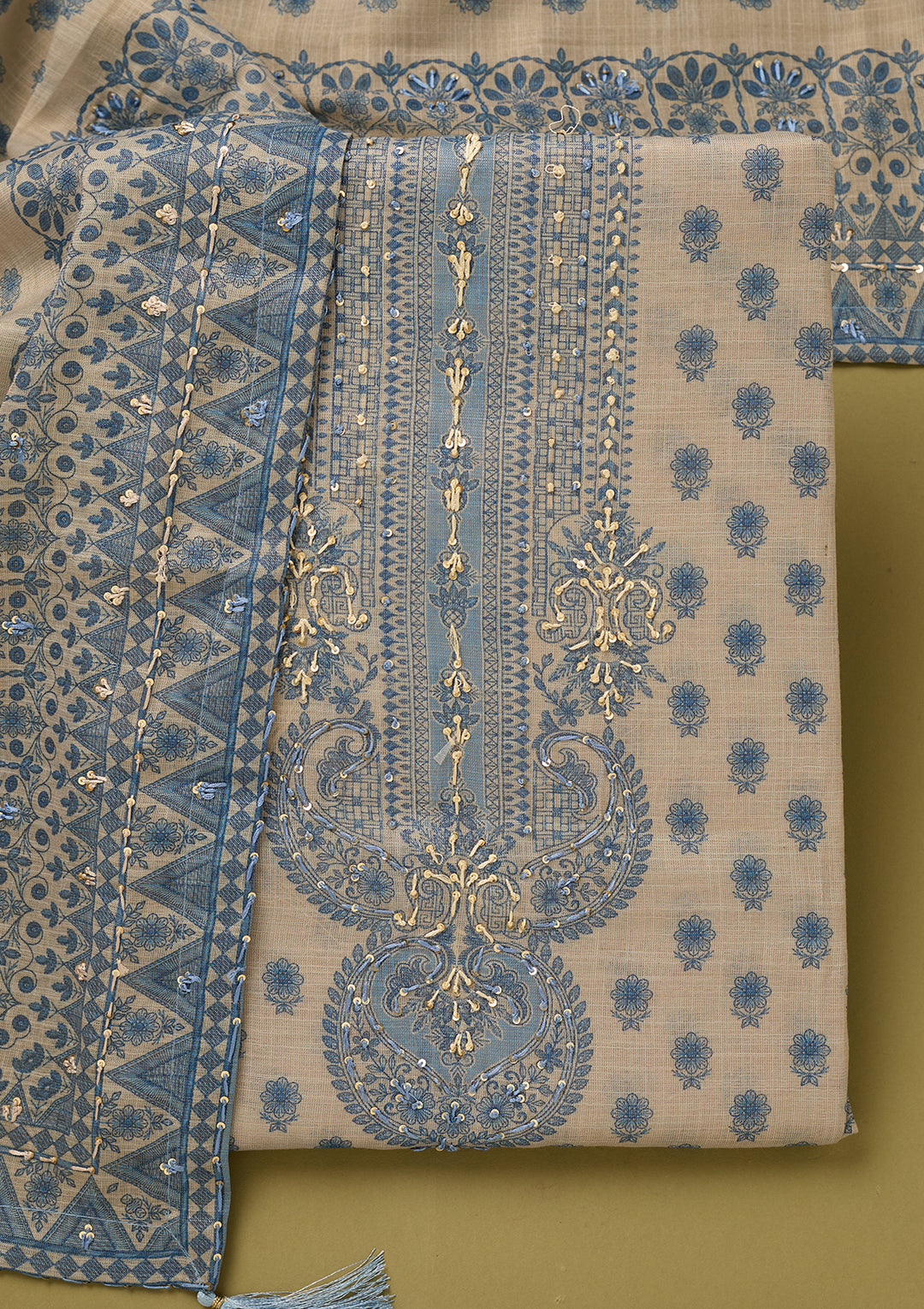 Cream Threadwork Linen Unstitched Salwar Suit