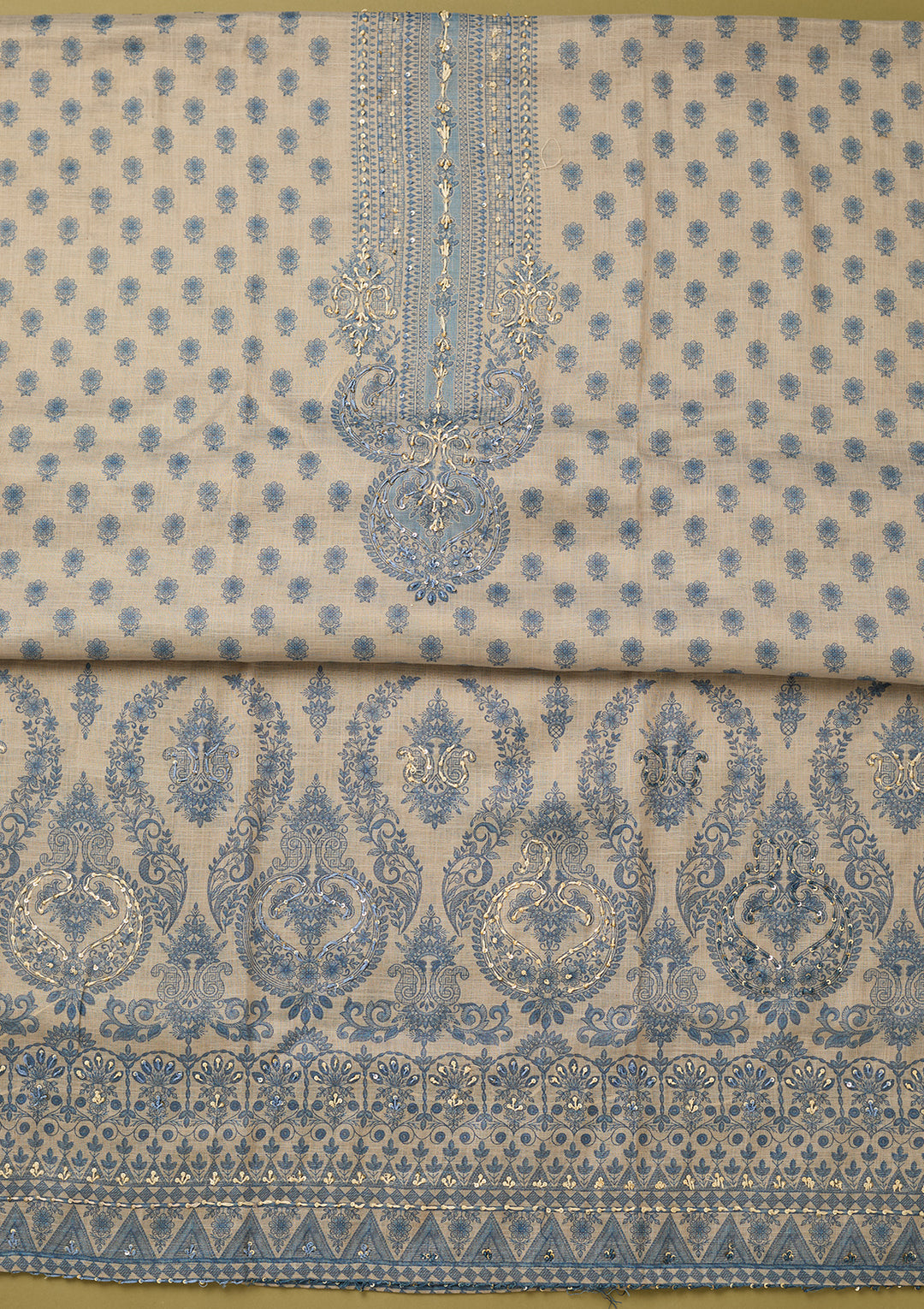 Cream Threadwork Linen Unstitched Salwar Suit