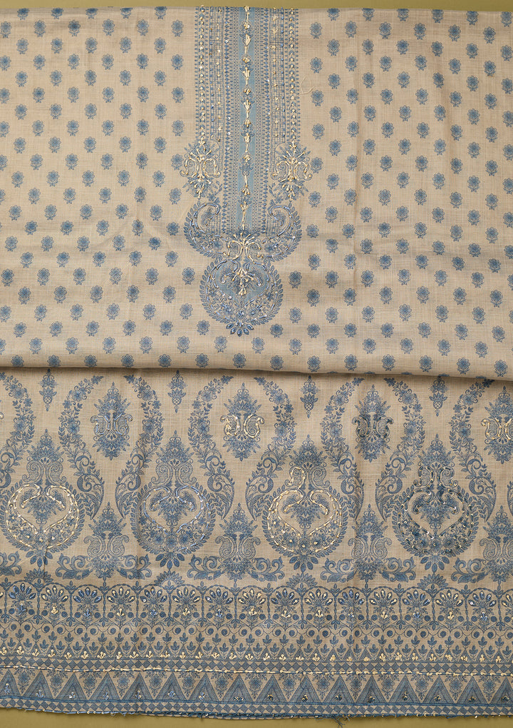 Cream Threadwork Linen Unstitched Salwar Suit