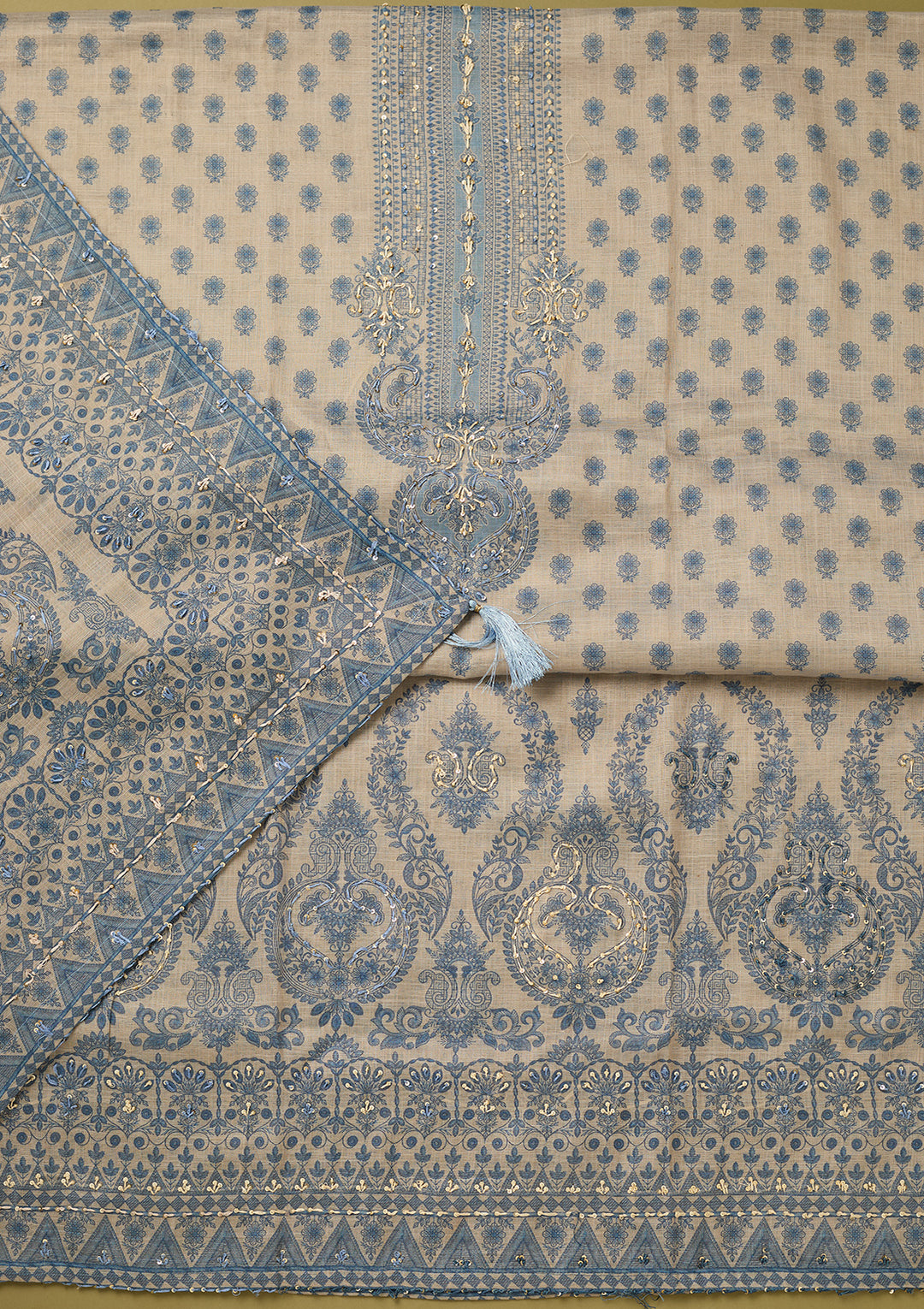 Cream Threadwork Linen Unstitched Salwar Suit