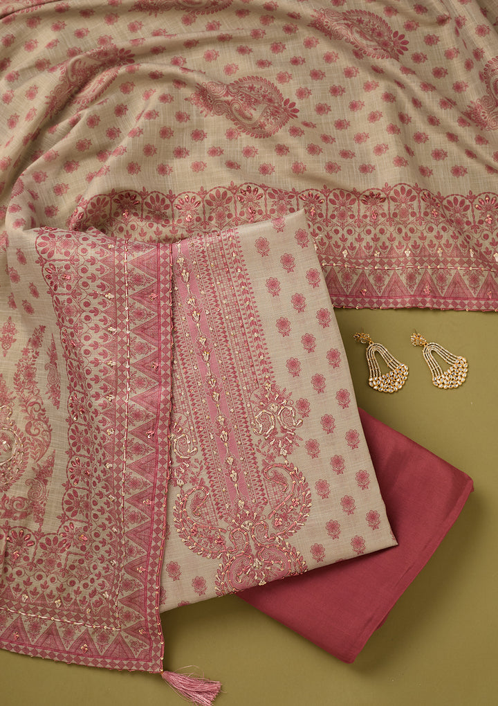 Cream Threadwork Cotton Unstitched Salwar Suit