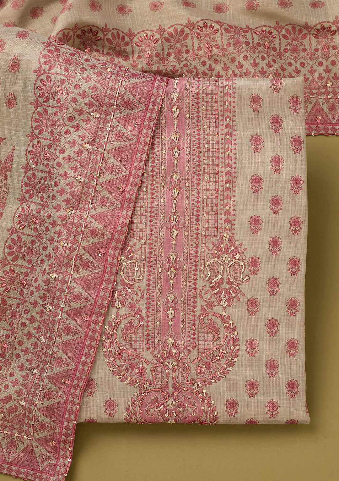 Cream Threadwork Cotton Unstitched Salwar Suit
