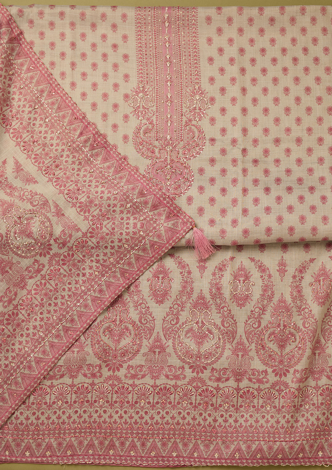 Cream Threadwork Cotton Unstitched Salwar Suit