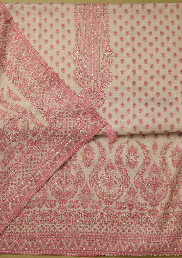 Cream Threadwork Cotton Unstitched Salwar Suit