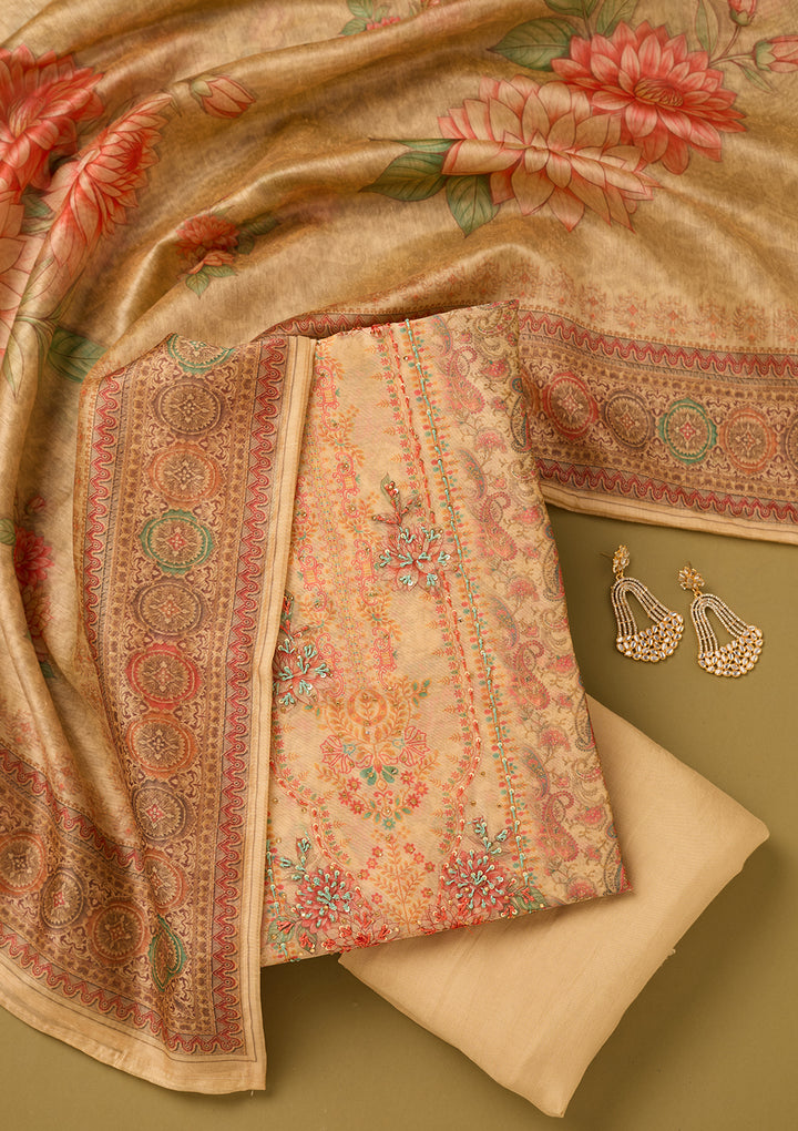 Beige Threadwork Chanderi Unstitched Salwar Suit