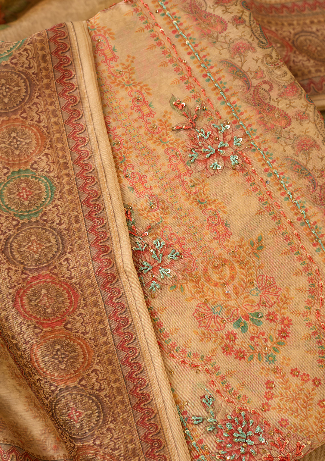 Beige Threadwork Chanderi Unstitched Salwar Suit