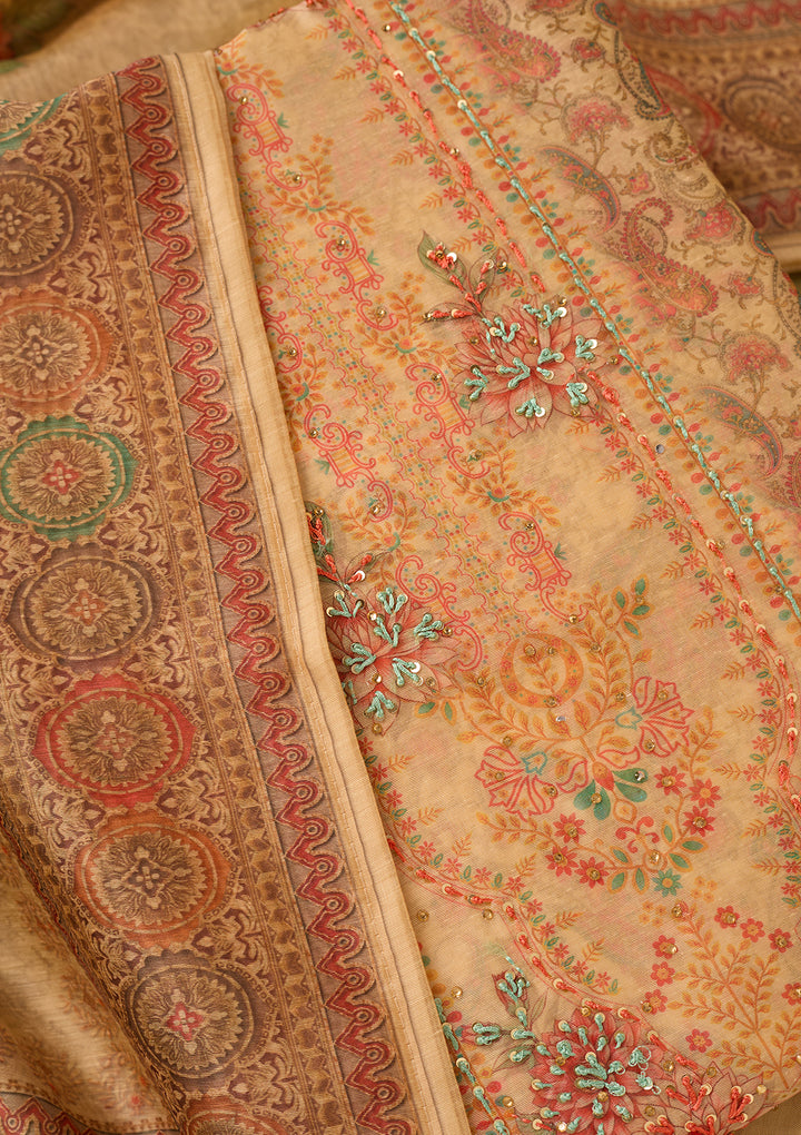 Beige Threadwork Chanderi Unstitched Salwar Suit