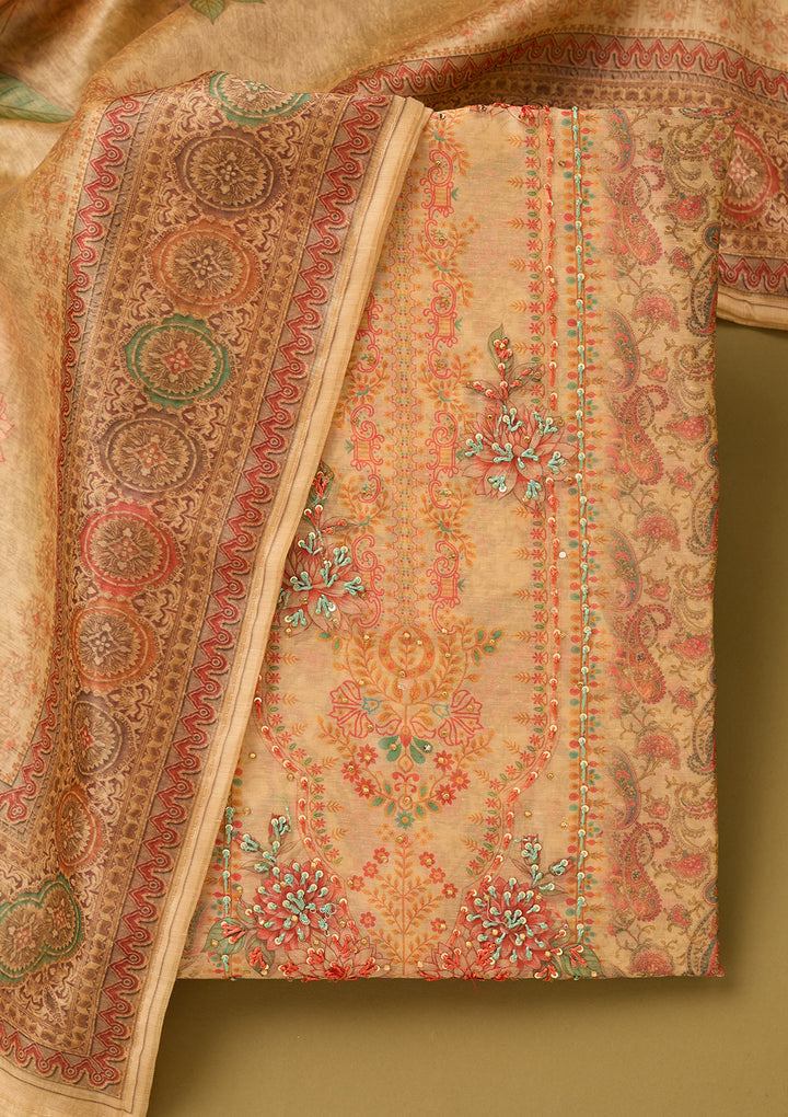 Beige Threadwork Chanderi Unstitched Salwar Suit