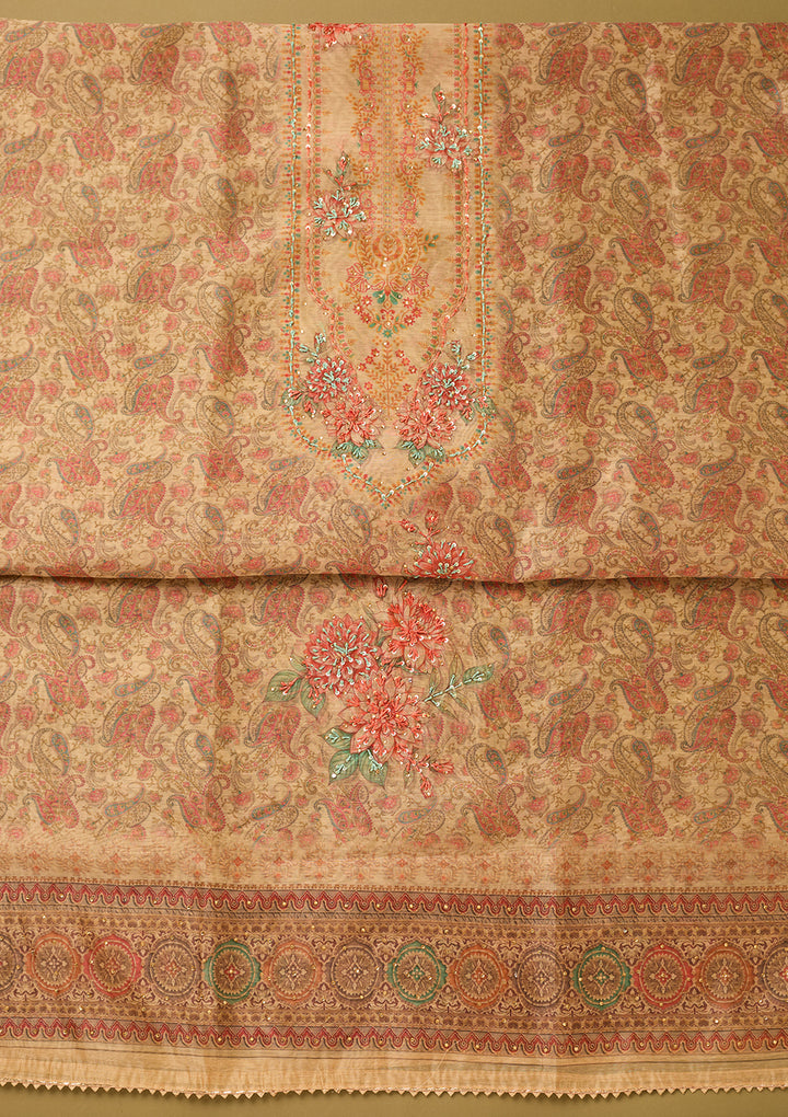 Beige Threadwork Chanderi Unstitched Salwar Suit
