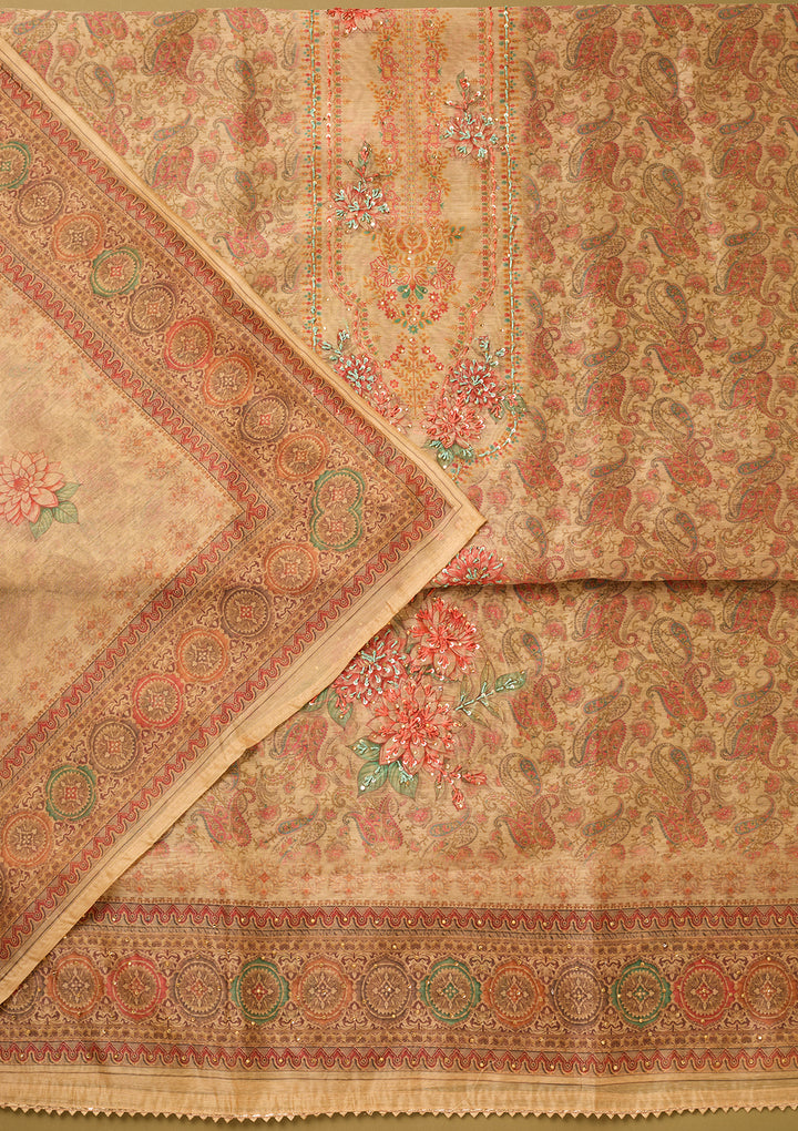 Beige Threadwork Chanderi Unstitched Salwar Suit