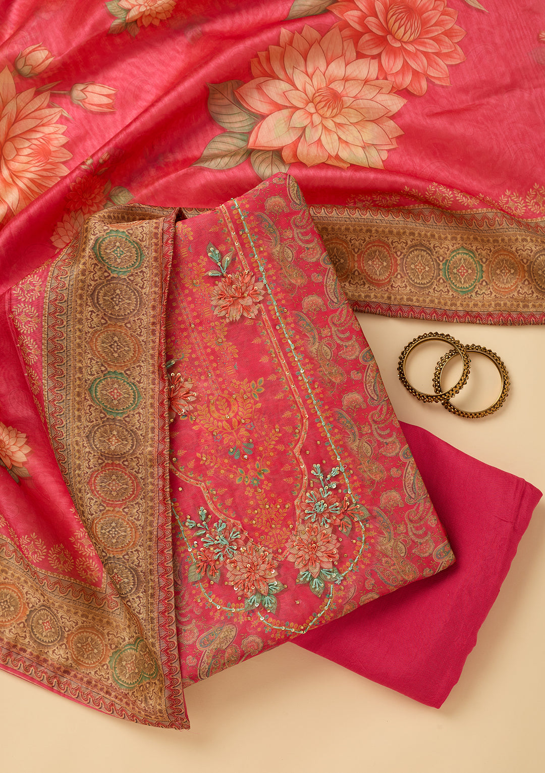 Pink Threadwork Chanderi Unstitched Salwar Suit