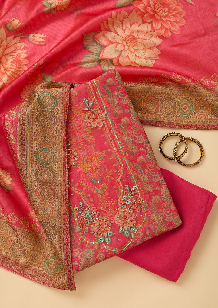 Pink Threadwork Chanderi Unstitched Salwar Suit