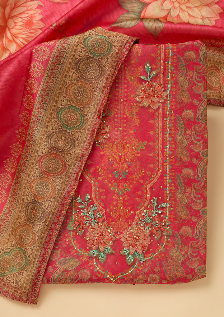 Pink Threadwork Chanderi Unstitched Salwar Suit