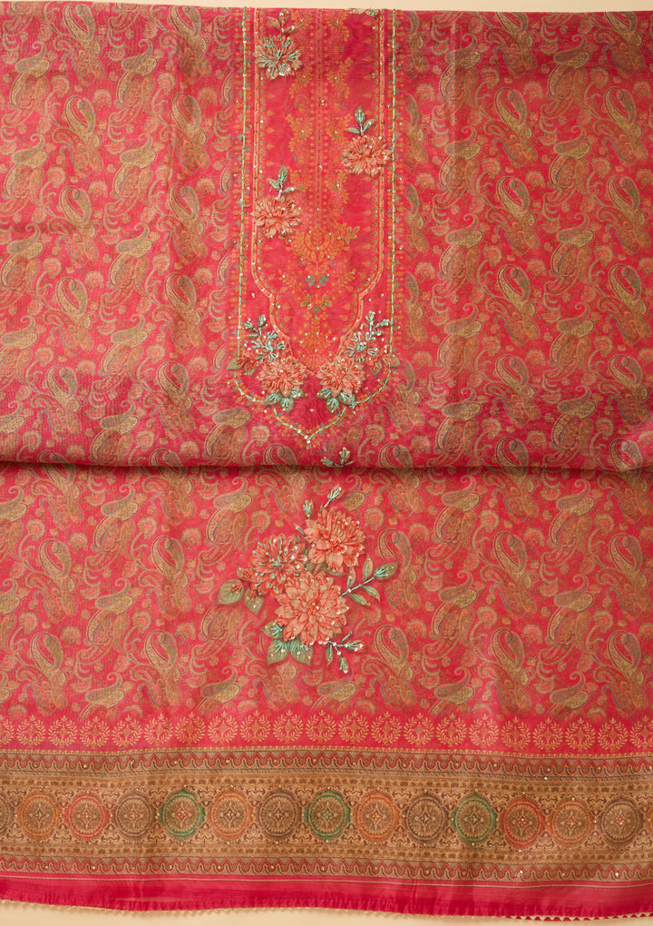 Pink Threadwork Chanderi Unstitched Salwar Suit