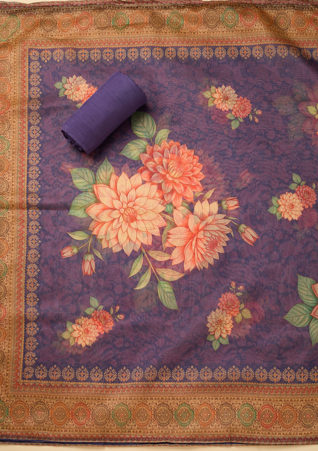 Purple Threadwork Chanderi Unstitched Salwar Suit