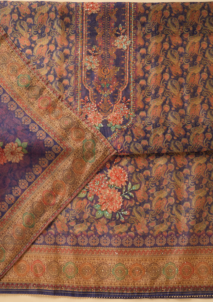 Purple Threadwork Chanderi Unstitched Salwar Suit
