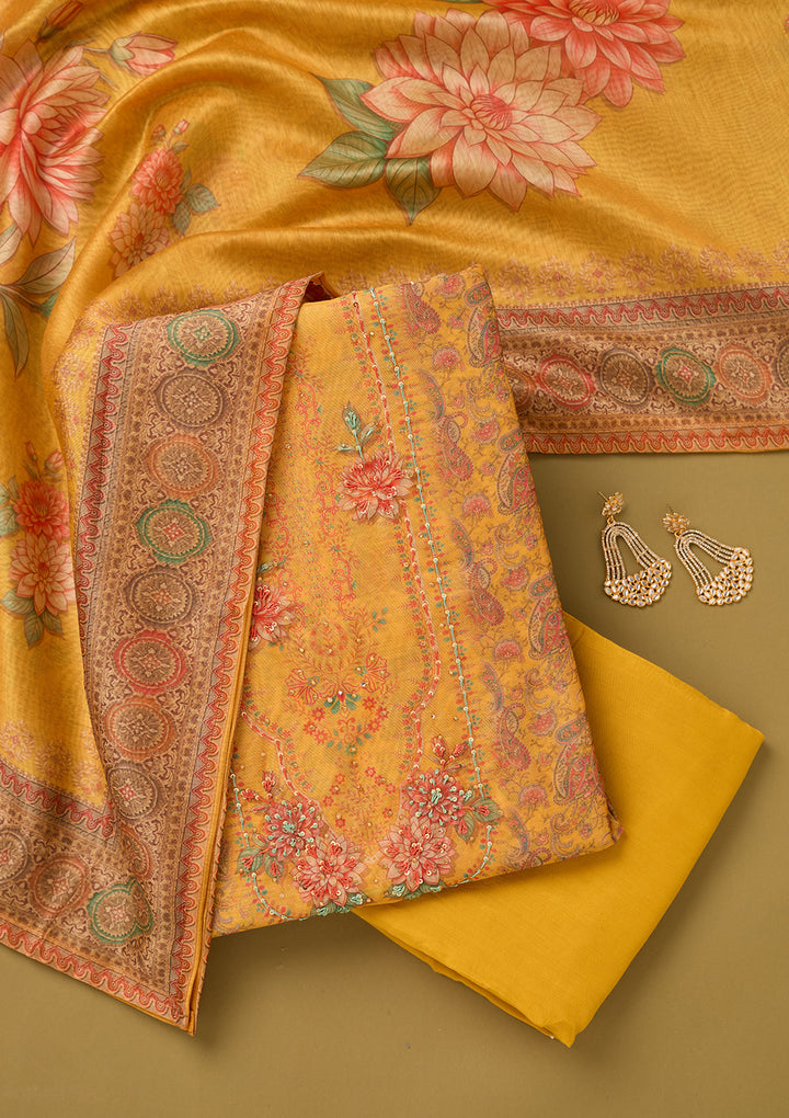 Yellow Threadwork Chanderi Unstitched Salwar Suit