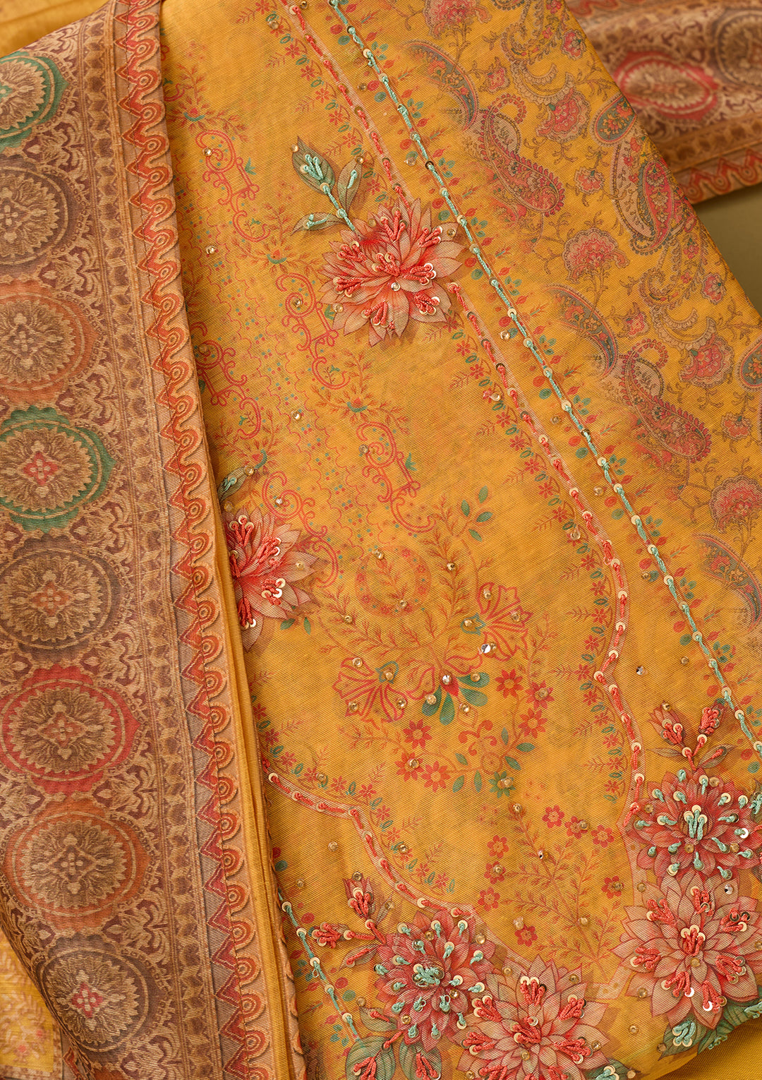 Yellow Threadwork Chanderi Unstitched Salwar Suit