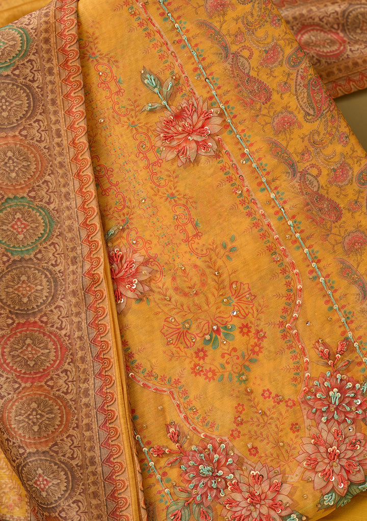Yellow Threadwork Chanderi Unstitched Salwar Suit