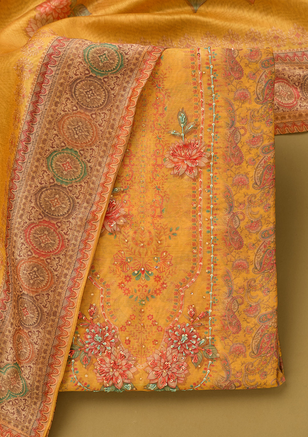 Yellow Threadwork Chanderi Unstitched Salwar Suit