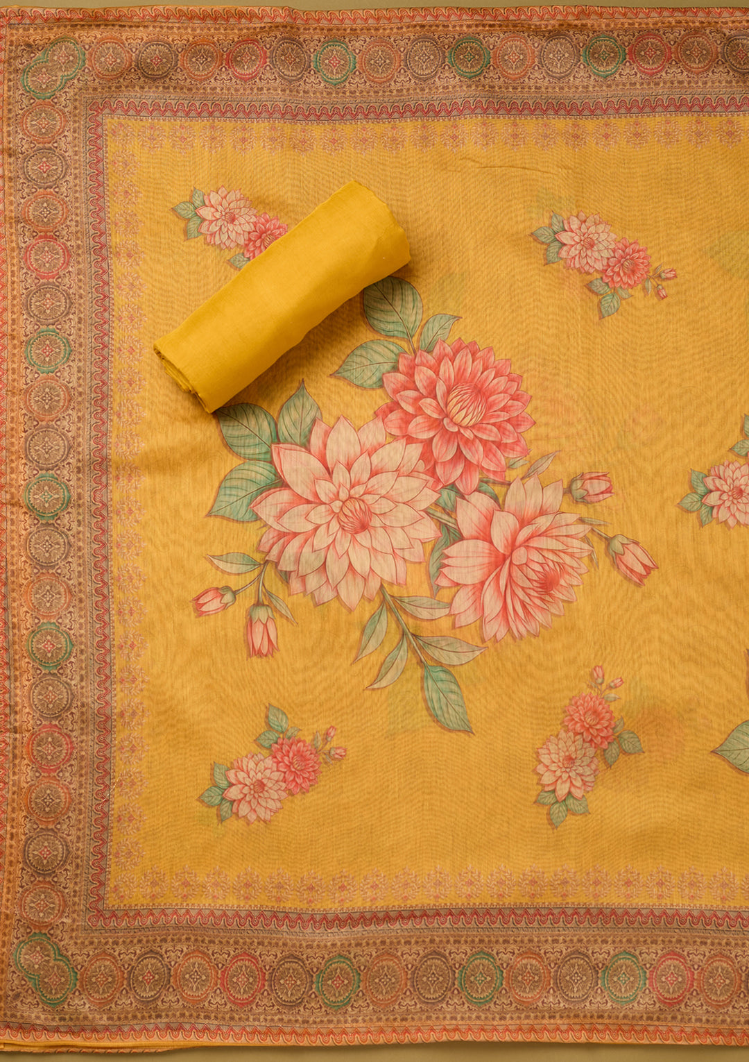 Yellow Threadwork Chanderi Unstitched Salwar Suit