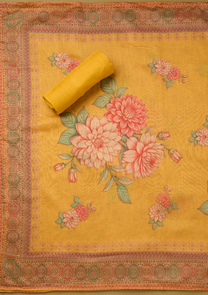 Yellow Threadwork Chanderi Unstitched Salwar Suit
