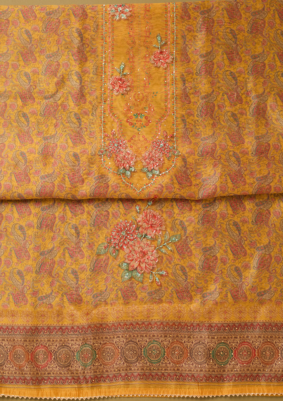Yellow Threadwork Chanderi Unstitched Salwar Suit