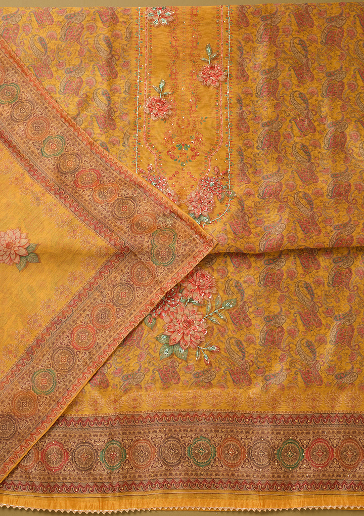 Yellow Threadwork Chanderi Unstitched Salwar Suit