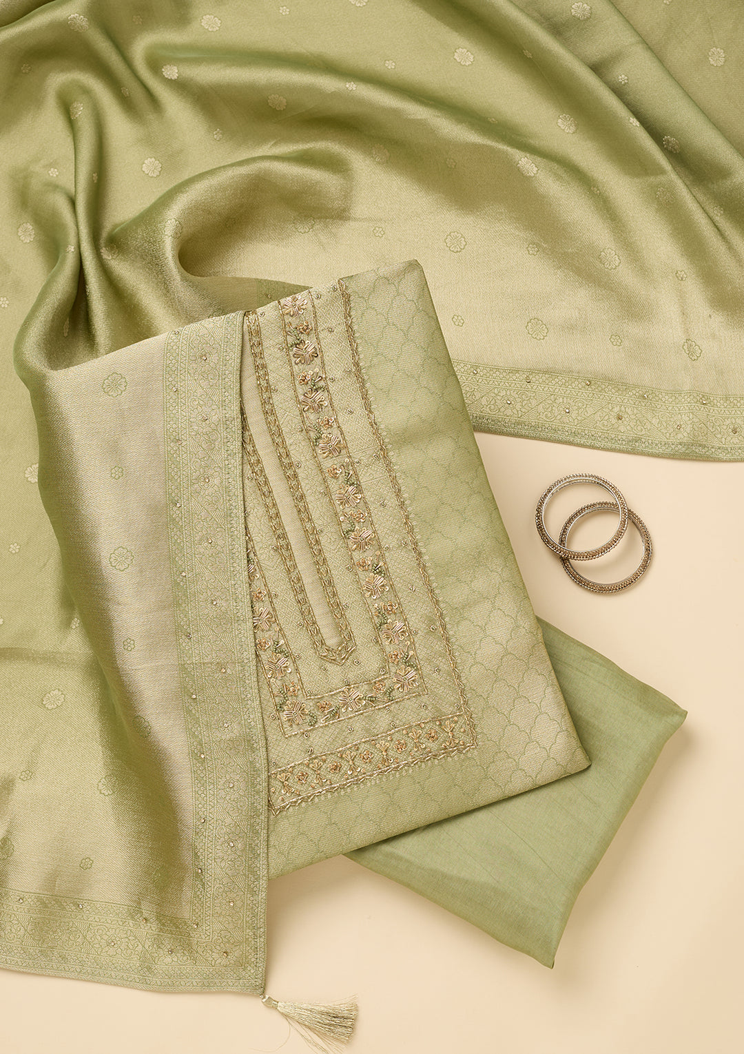 Pista Green Cutdana Dola Silk Unstitched Salwar Suit