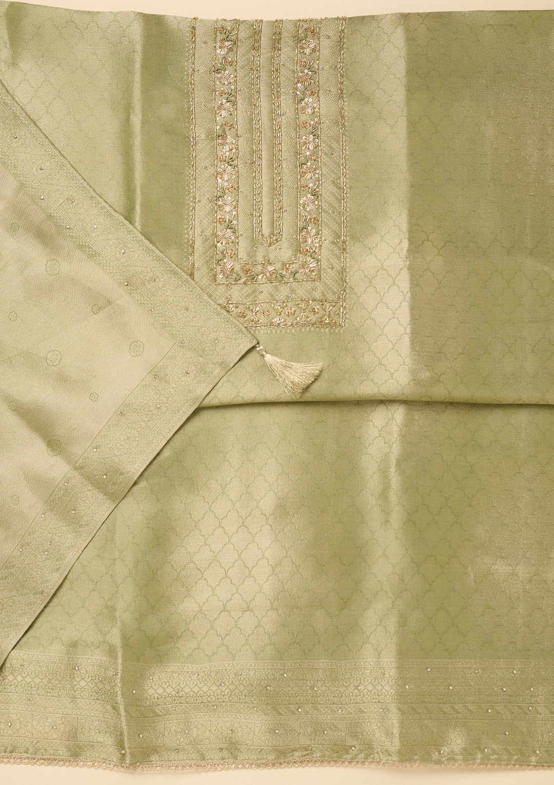 Pista Green Cutdana Dola Silk Unstitched Salwar Suit