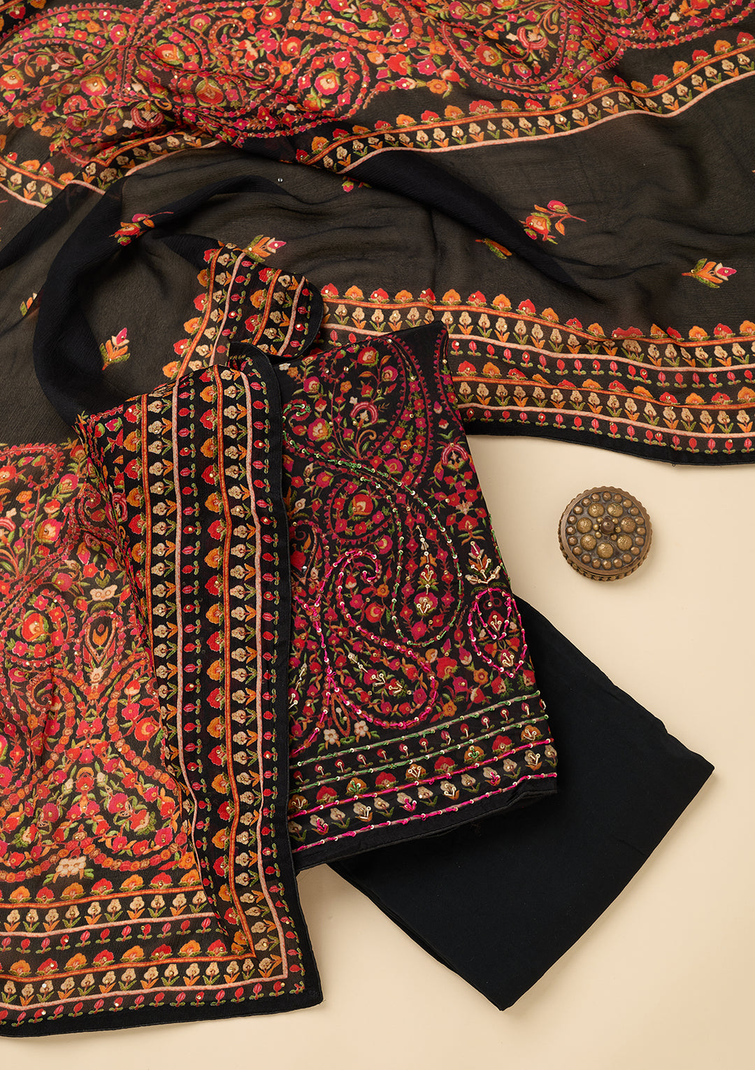 Black Threadwork Crepe Unstitched Salwar Suit