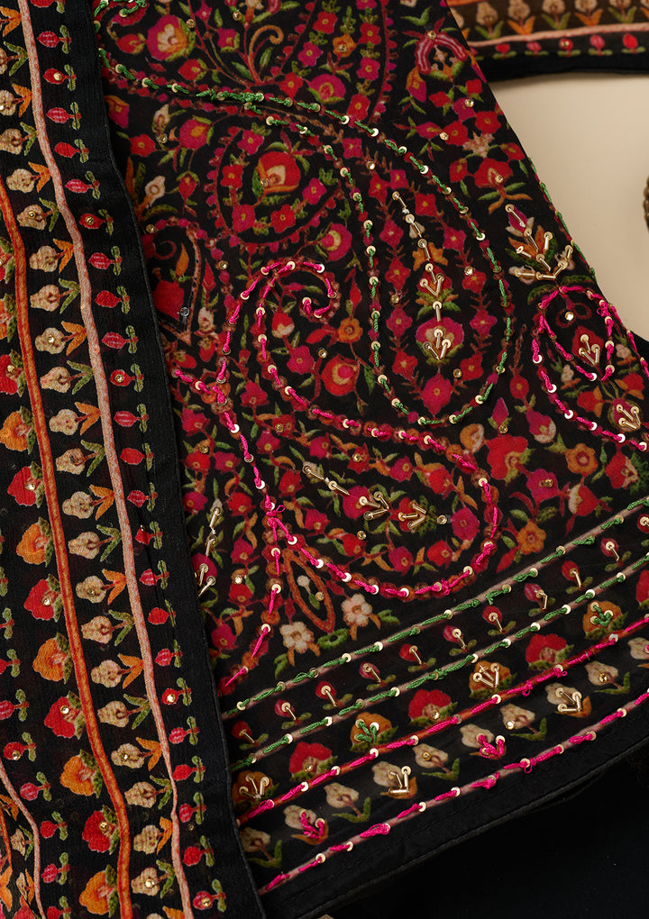 Black Threadwork Crepe Unstitched Salwar Suit