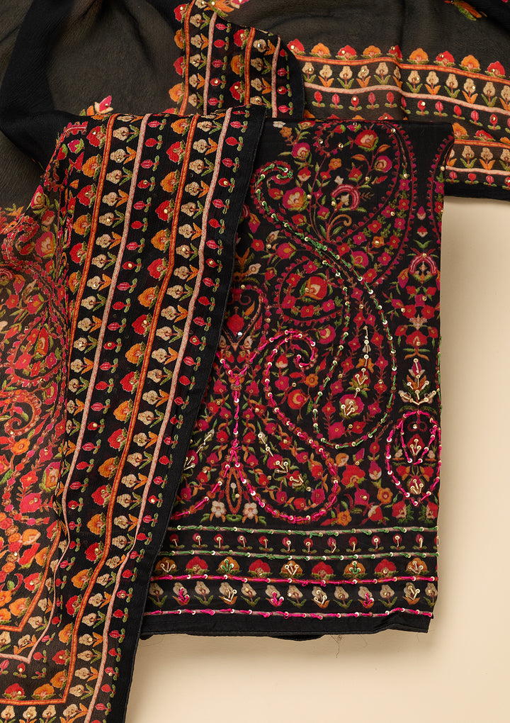 Black Threadwork Crepe Unstitched Salwar Suit