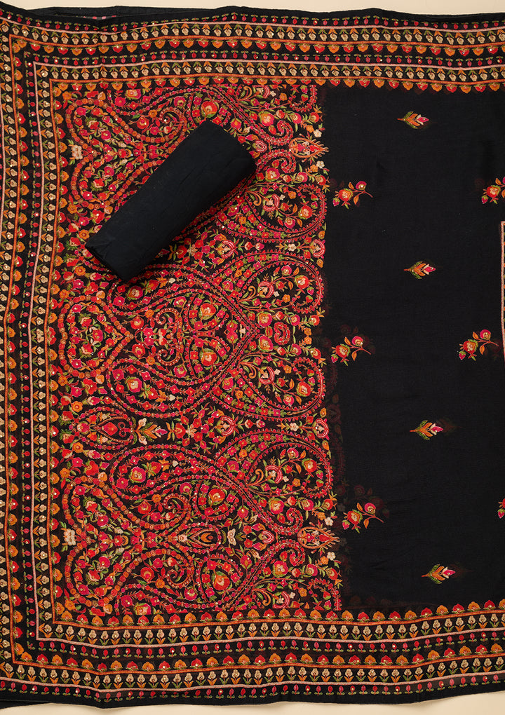 Black Threadwork Crepe Unstitched Salwar Suit